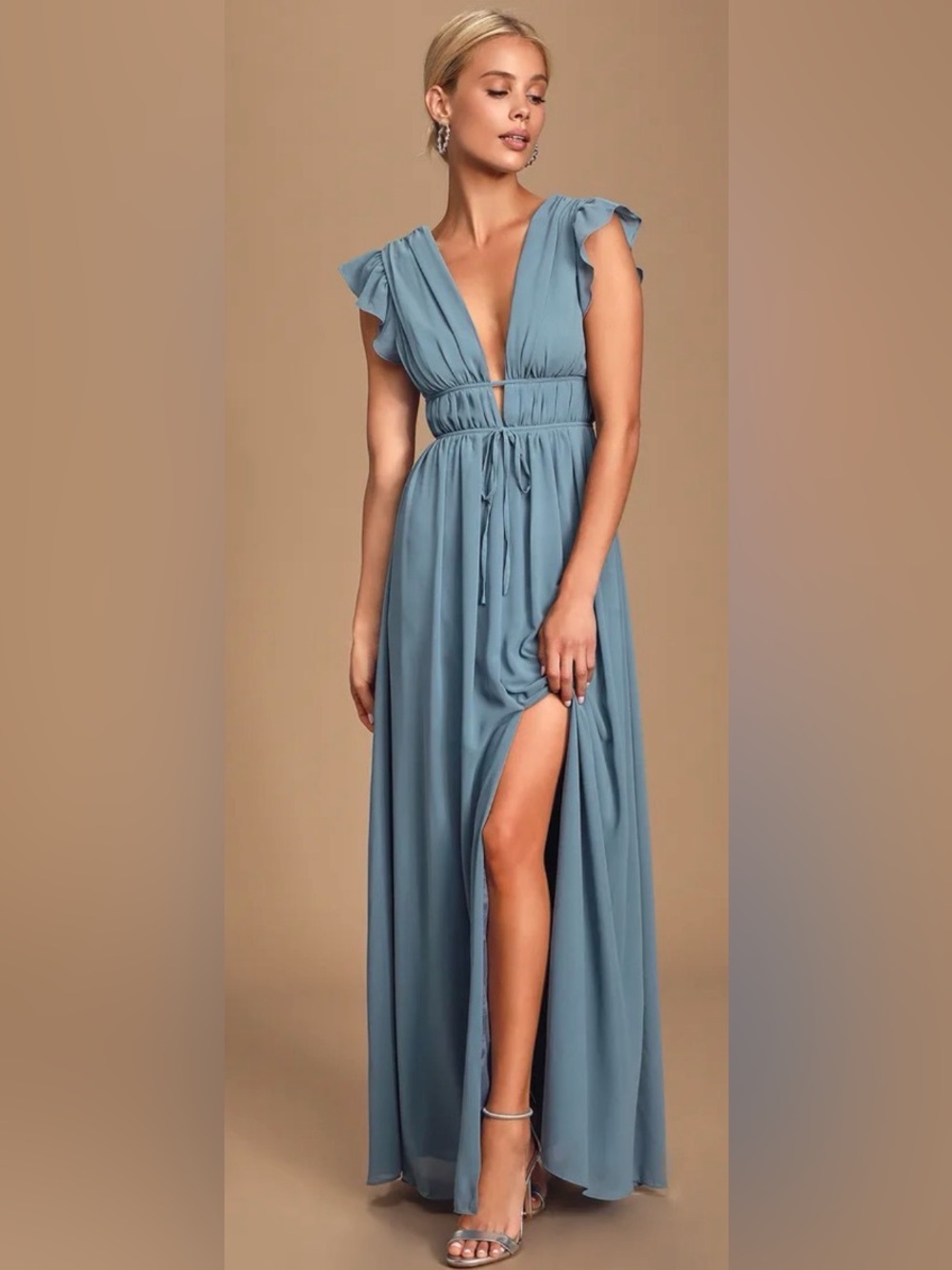 Lulu's Dusty Blue V-Neck Maxi Dress